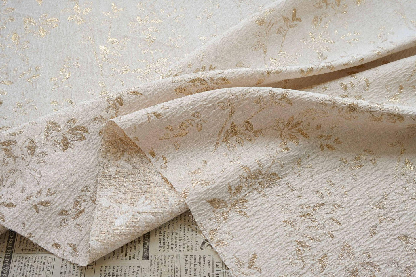 Ivory Gold 3D Embossed Floral Jacquard Fabric, Crinkle Texture Metallic Thread Fabric for Dresses, Bridal, Home Decor by the Yard, 55"Wide
