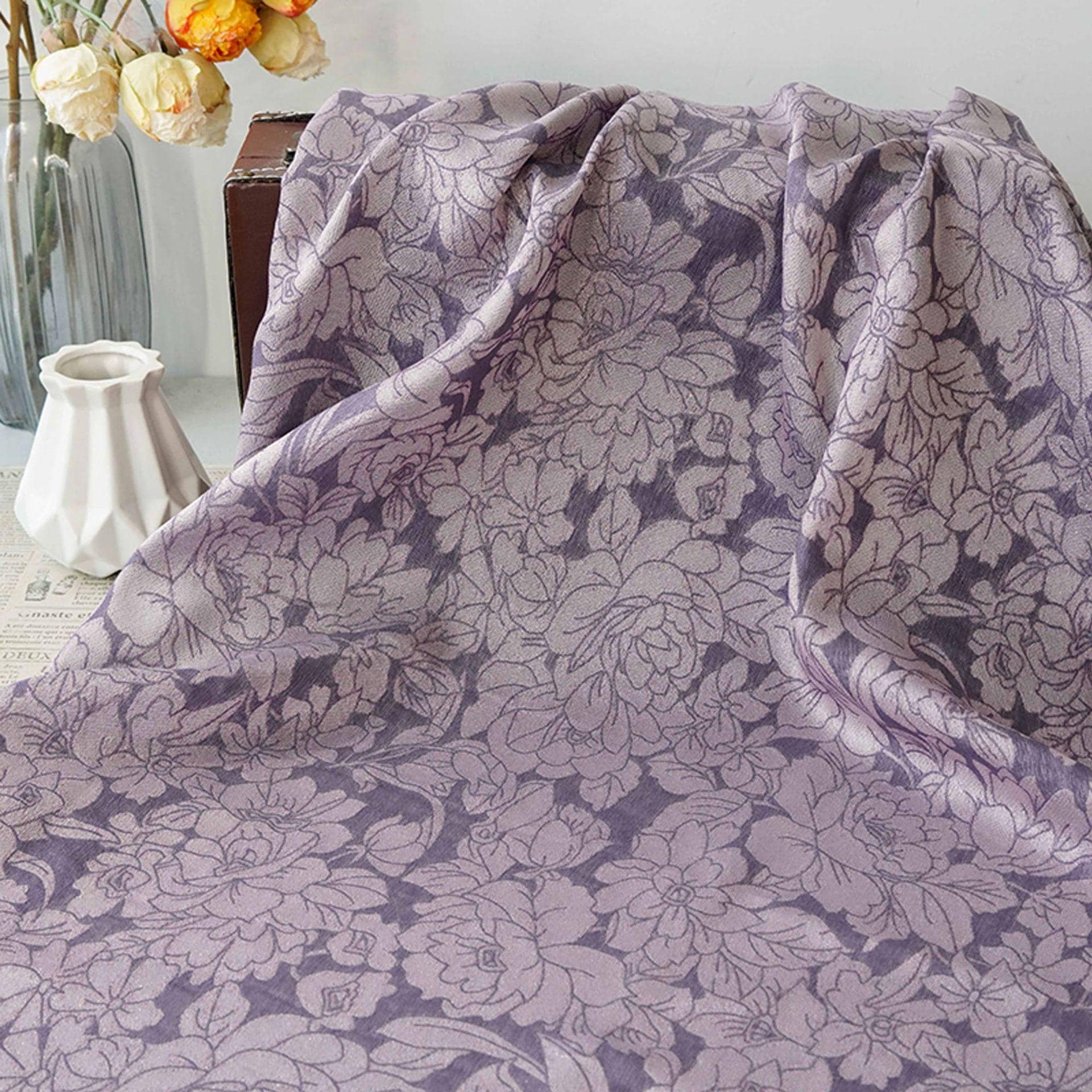 Mauve Purple Peony Silk Jacquard Fabric, Allover Floral Line Art Silk Fabric for Dresses, Kimono, Home Decor by the Yard, 55"Wide