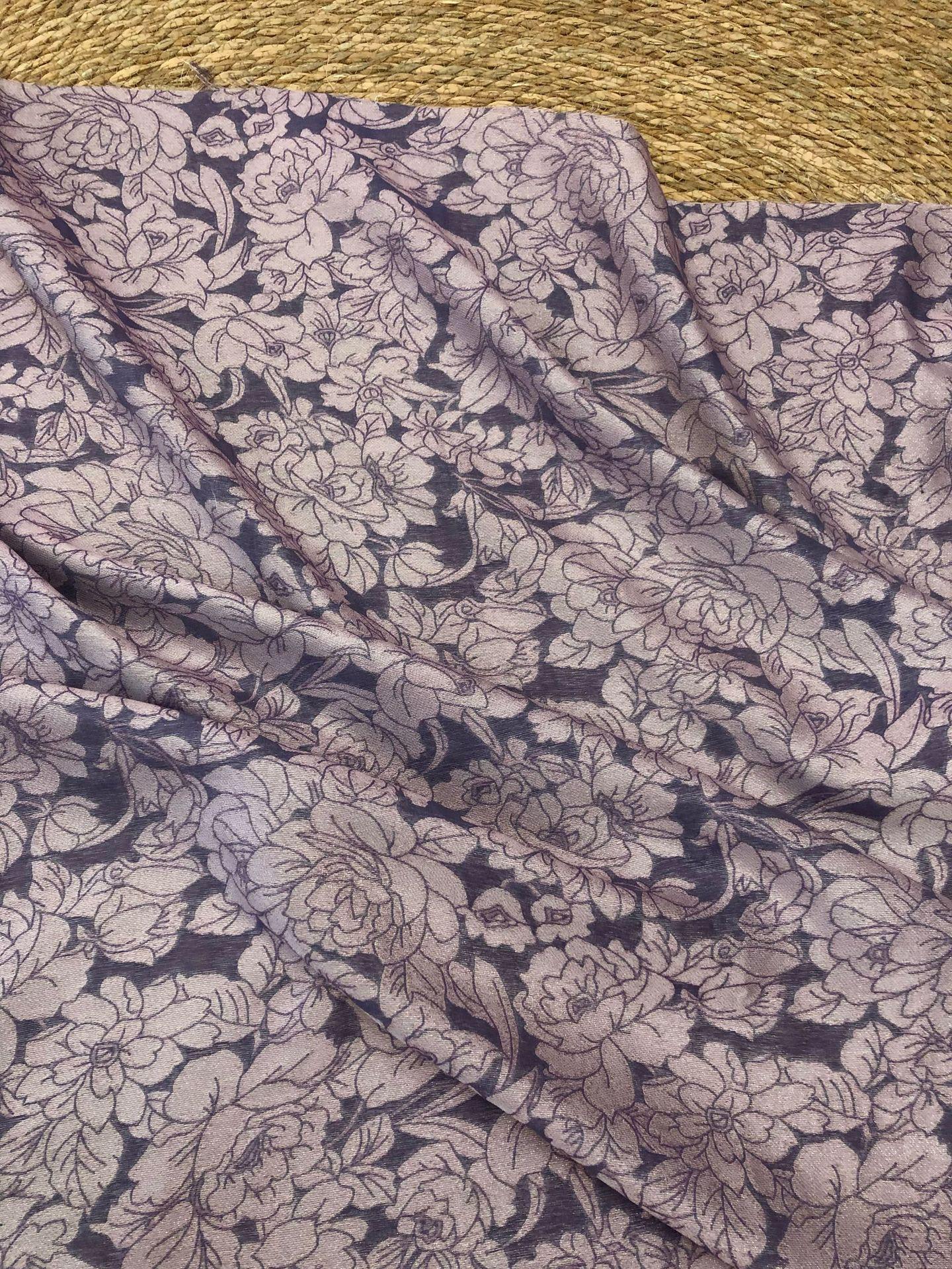 Mauve Purple Peony Silk Jacquard Fabric, Allover Floral Line Art Silk Fabric for Dresses, Kimono, Home Decor by the Yard, 55"Wide