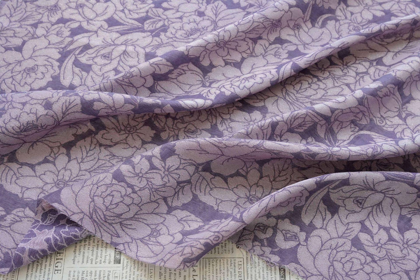 Mauve Purple Peony Silk Jacquard Fabric, Allover Floral Line Art Silk Fabric for Dresses, Kimono, Home Decor by the Yard, 55"Wide