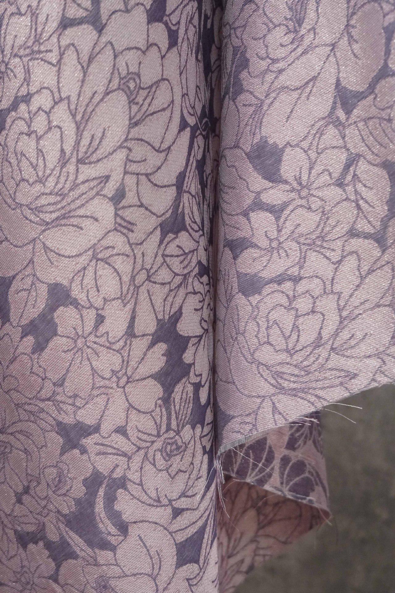 Mauve Purple Peony Silk Jacquard Fabric, Allover Floral Line Art Silk Fabric for Dresses, Kimono, Home Decor by the Yard, 55"Wide