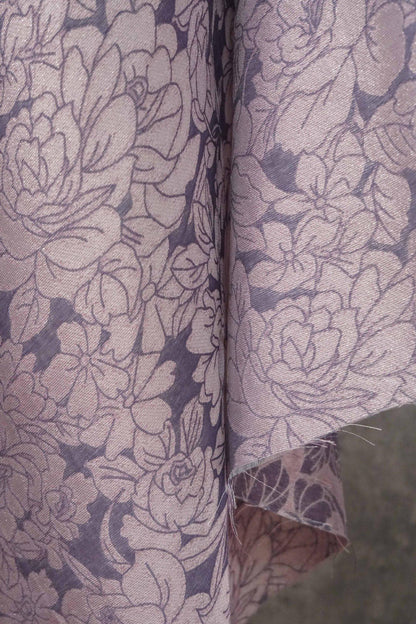 Mauve Purple Peony Silk Jacquard Fabric, Allover Floral Line Art Silk Fabric for Dresses, Kimono, Home Decor by the Yard, 55"Wide