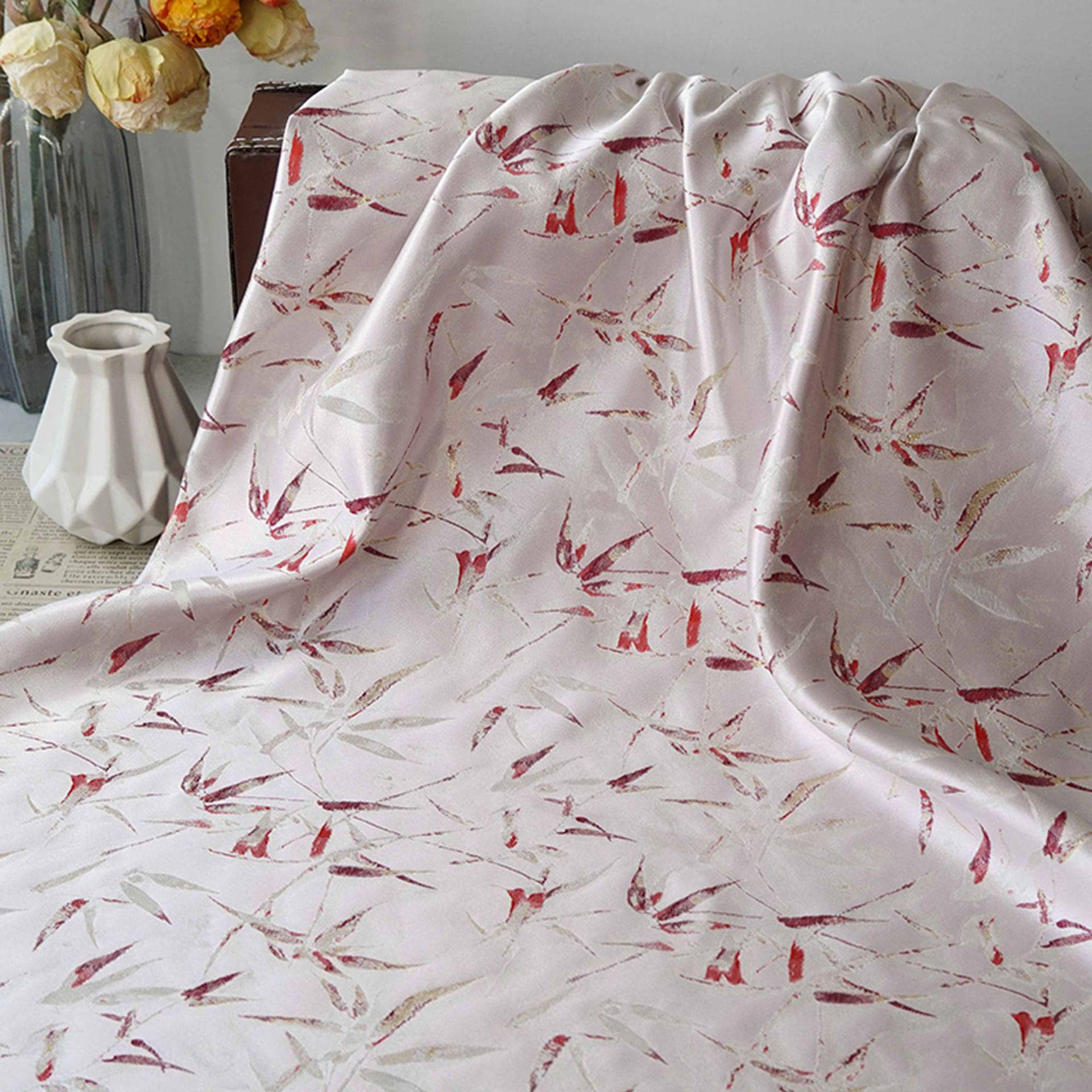 Song-Style Brocade Fabric, Ink Wash Red Bamboo Gold Thread Jacquard, White Chinese Fabric for Qipao, Hanfu, Dress & Decor, 64"Wide