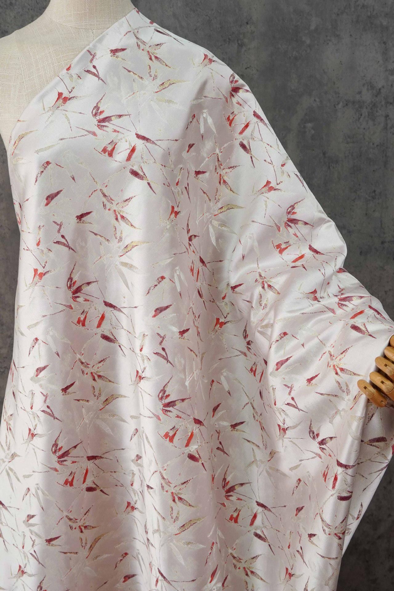 Song-Style Brocade Fabric, Ink Wash Red Bamboo Gold Thread Jacquard, White Chinese Fabric for Qipao, Hanfu, Dress & Decor, 64"Wide