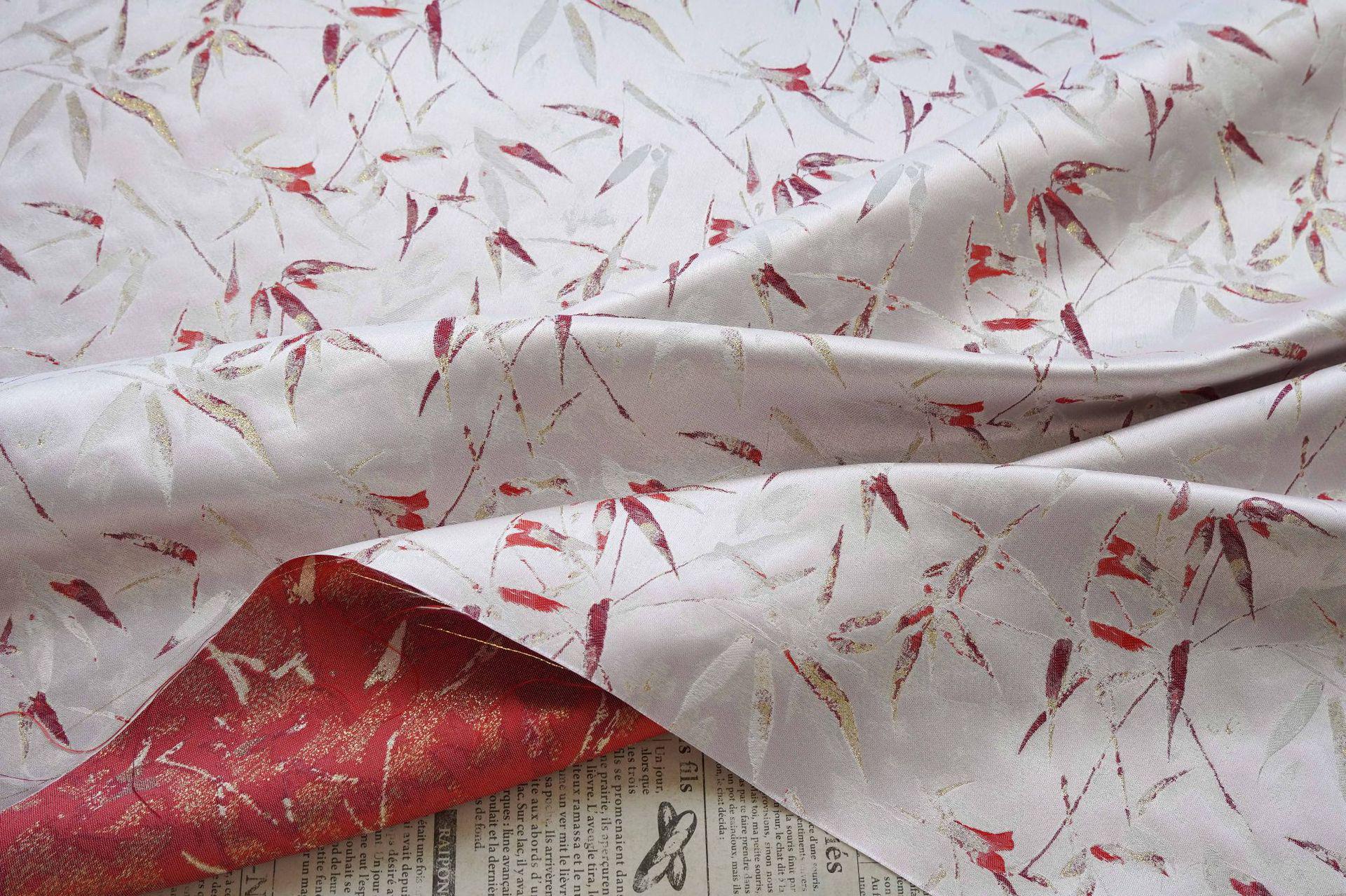 Song-Style Brocade Fabric, Ink Wash Red Bamboo Gold Thread Jacquard, White Chinese Fabric for Qipao, Hanfu, Dress & Decor, 64"Wide