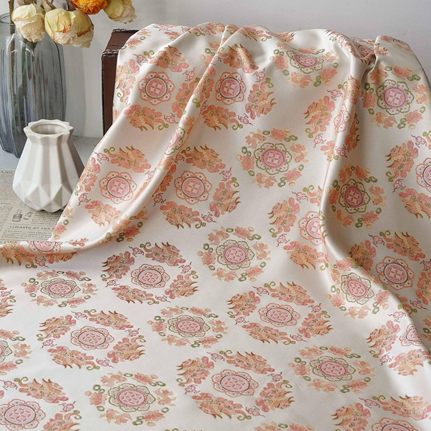 Chinese Jacquard Brocade Fabric, Pink Pixiu Koi Floral Medallion, Metallic Gold Thread, Qipao Hanfu Sewing Fabric, 64"Wide