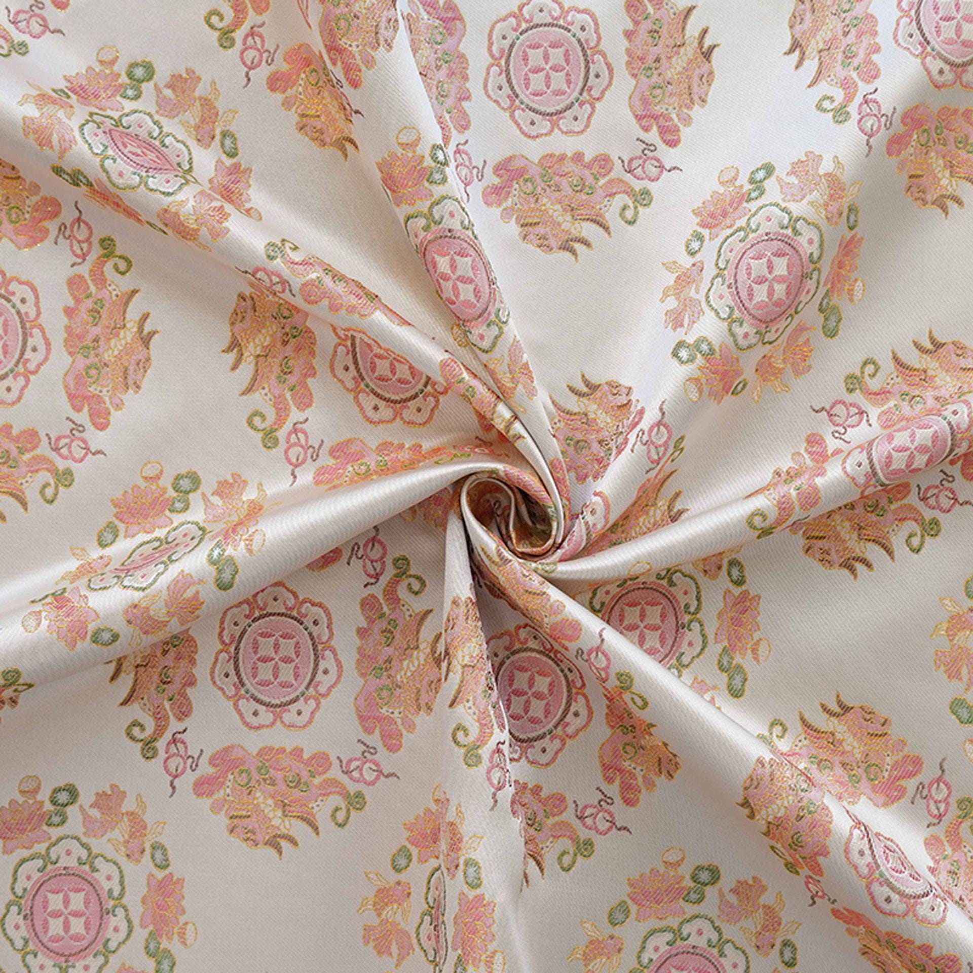 Chinese Jacquard Brocade Fabric, Pink Pixiu Koi Floral Medallion, Metallic Gold Thread, Qipao Hanfu Sewing Fabric, 64"Wide