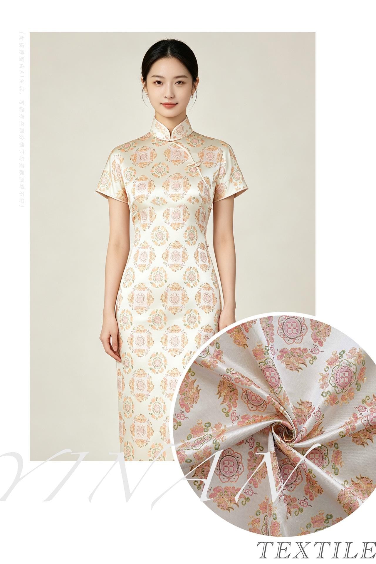 Chinese Jacquard Brocade Fabric, Pink Pixiu Koi Floral Medallion, Metallic Gold Thread, Qipao Hanfu Sewing Fabric, 64"Wide