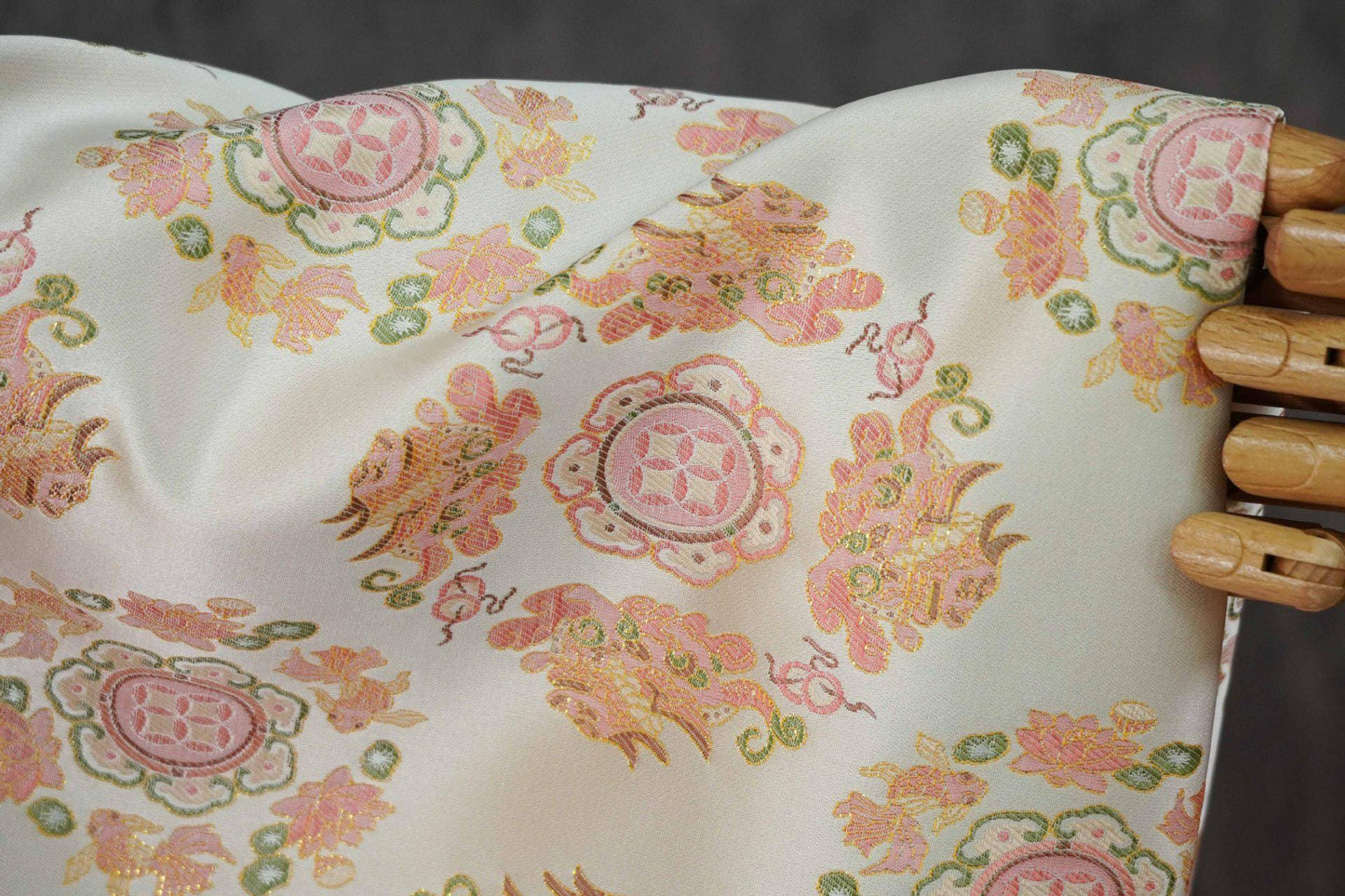 Chinese Jacquard Brocade Fabric, Pink Pixiu Koi Floral Medallion, Metallic Gold Thread, Qipao Hanfu Sewing Fabric, 64"Wide