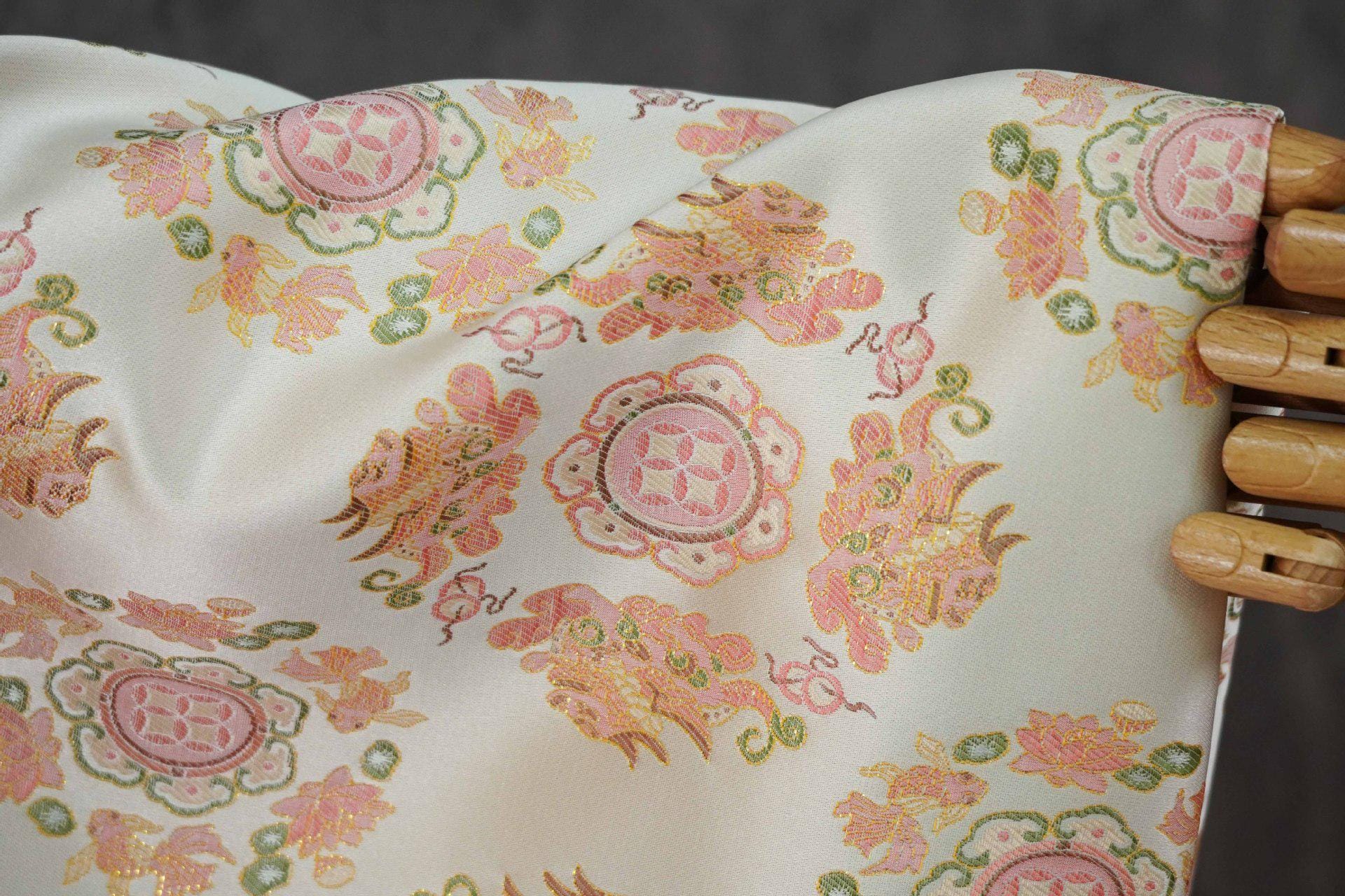 Chinese Jacquard Brocade Fabric, Pink Pixiu Koi Floral Medallion, Metallic Gold Thread, Qipao Hanfu Sewing Fabric, 64"Wide