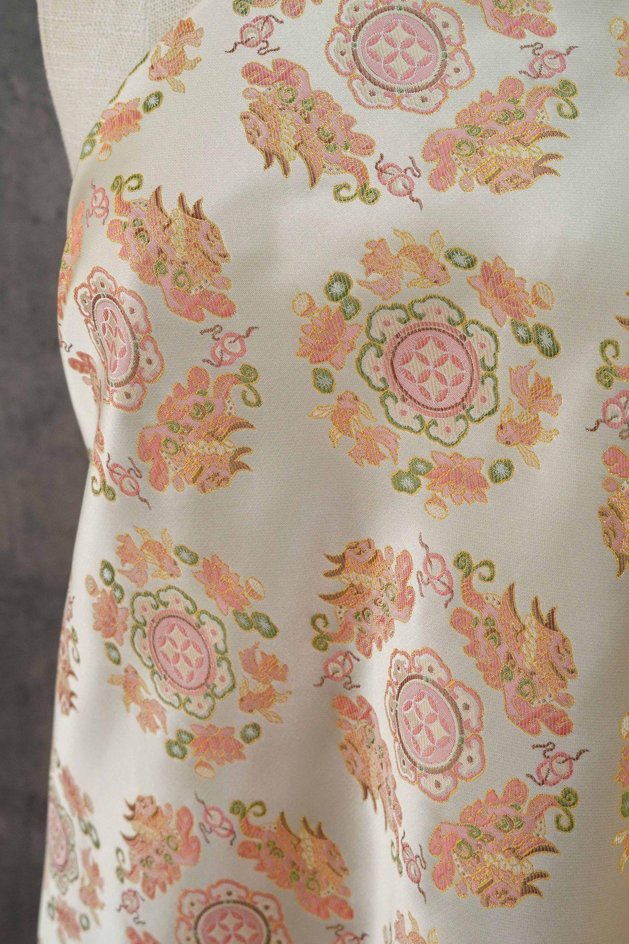 Chinese Jacquard Brocade Fabric, Pink Pixiu Koi Floral Medallion, Metallic Gold Thread, Qipao Hanfu Sewing Fabric, 64"Wide