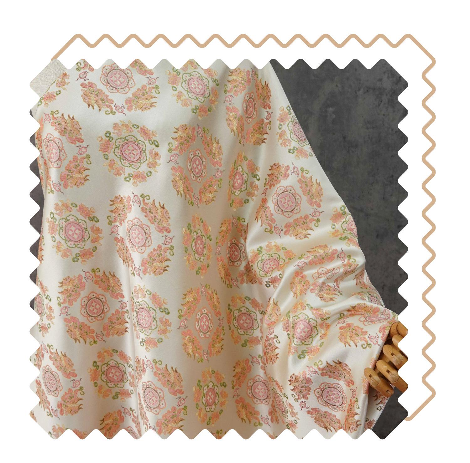 Chinese Jacquard Brocade Fabric, Pink Pixiu Koi Floral Medallion, Metallic Gold Thread, Qipao Hanfu Sewing Fabric, 64"Wide