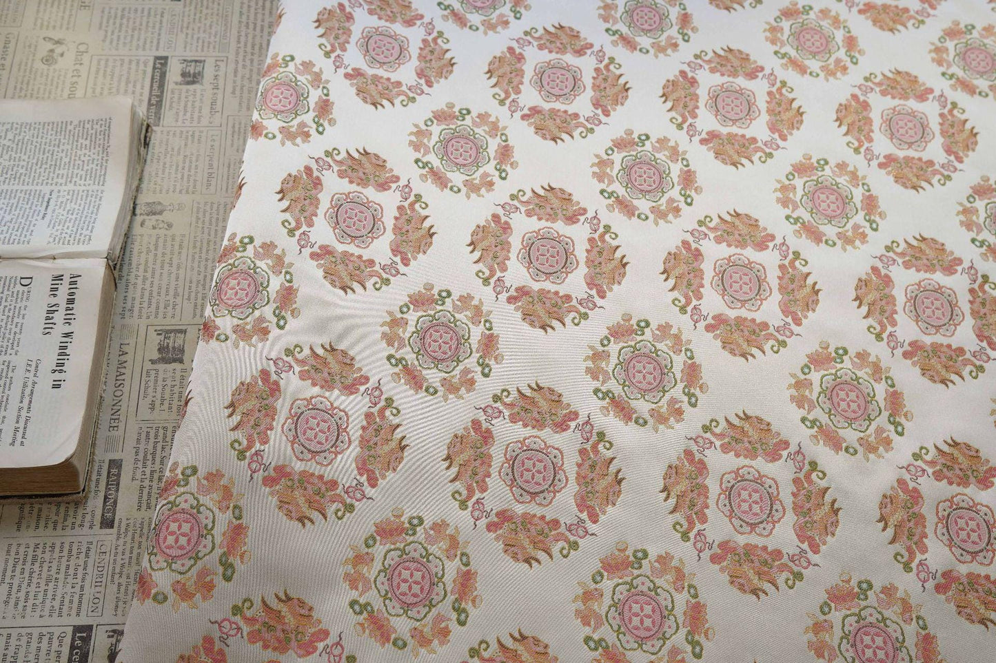 Chinese Jacquard Brocade Fabric, Pink Pixiu Koi Floral Medallion, Metallic Gold Thread, Qipao Hanfu Sewing Fabric, 64"Wide