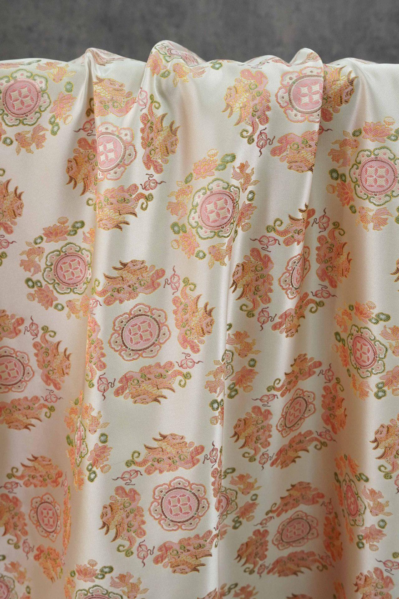 Chinese Jacquard Brocade Fabric, Pink Pixiu Koi Floral Medallion, Metallic Gold Thread, Qipao Hanfu Sewing Fabric, 64"Wide