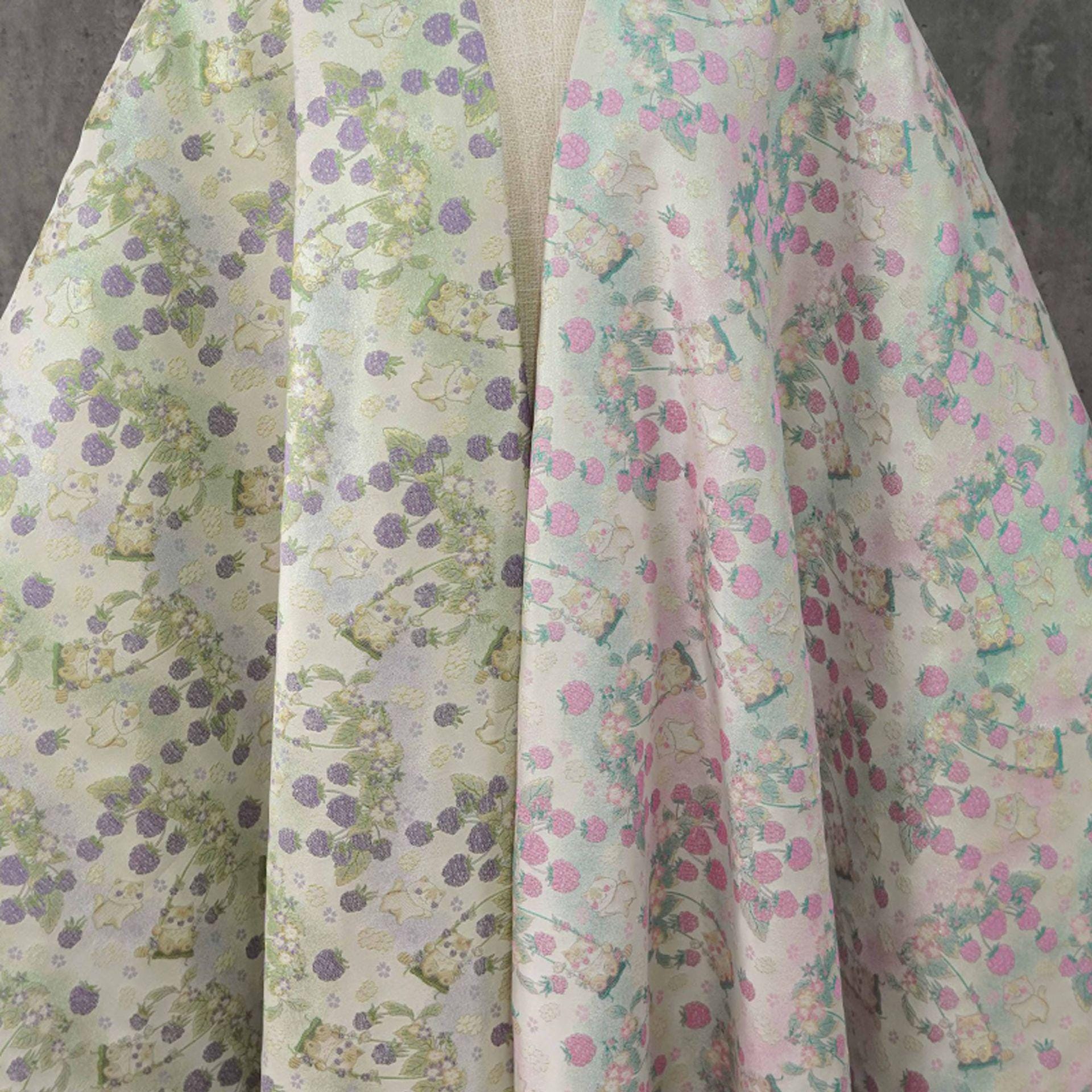 Pastoral Cat Jacquard Fabric, Raspberry Berry Floral Brocade with Metallic Thread, Cute Botanical Fabric for Dress, Qipao & Crafts, 64"Wide