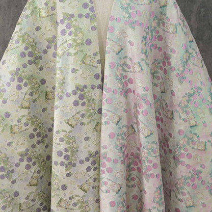 Pastoral Cat Jacquard Fabric, Raspberry Berry Floral Brocade with Metallic Thread, Cute Botanical Fabric for Dress, Qipao & Crafts, 64"Wide