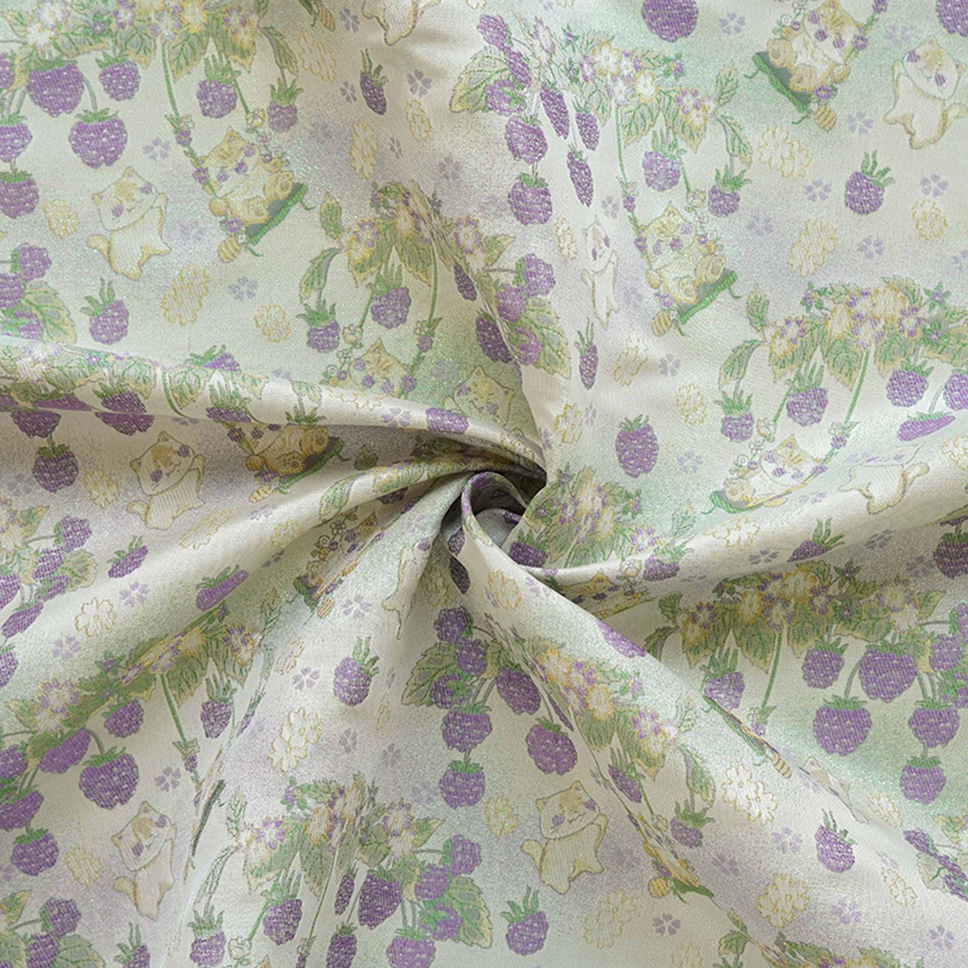 Pastoral Cat Jacquard Fabric, Raspberry Berry Floral Brocade with Metallic Thread, Cute Botanical Fabric for Dress, Qipao & Crafts, 64"Wide