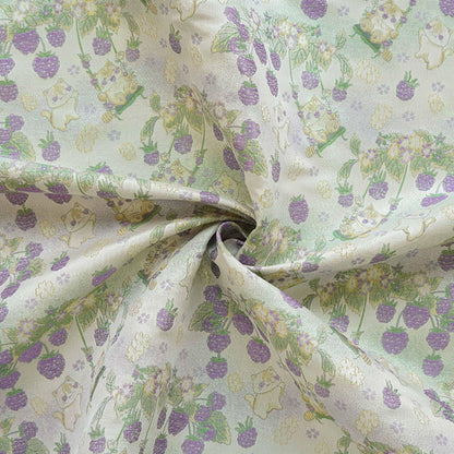 Pastoral Cat Jacquard Fabric, Raspberry Berry Floral Brocade with Metallic Thread, Cute Botanical Fabric for Dress, Qipao & Crafts, 64"Wide