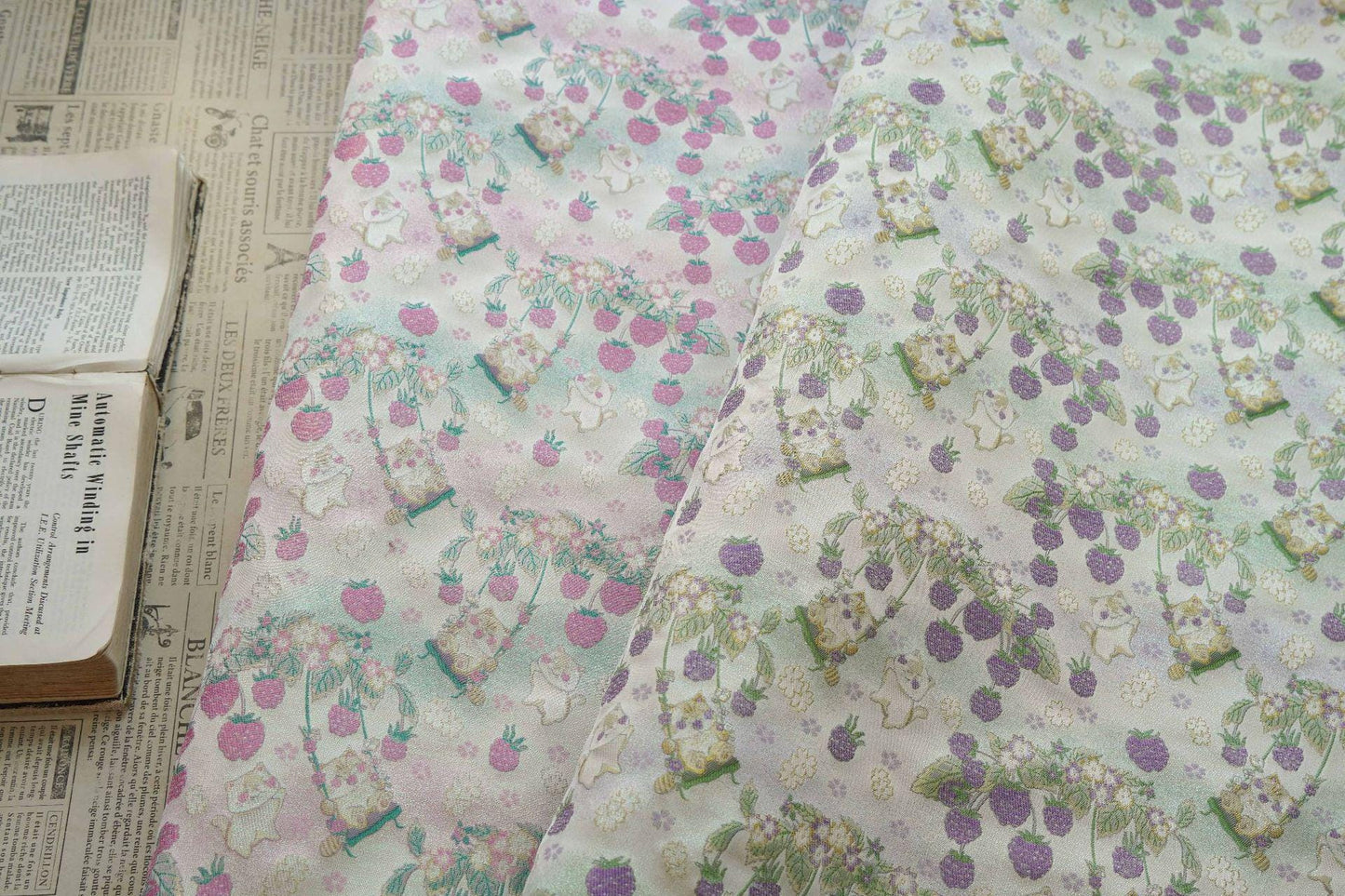 Pastoral Cat Jacquard Fabric, Raspberry Berry Floral Brocade with Metallic Thread, Cute Botanical Fabric for Dress, Qipao & Crafts, 64"Wide