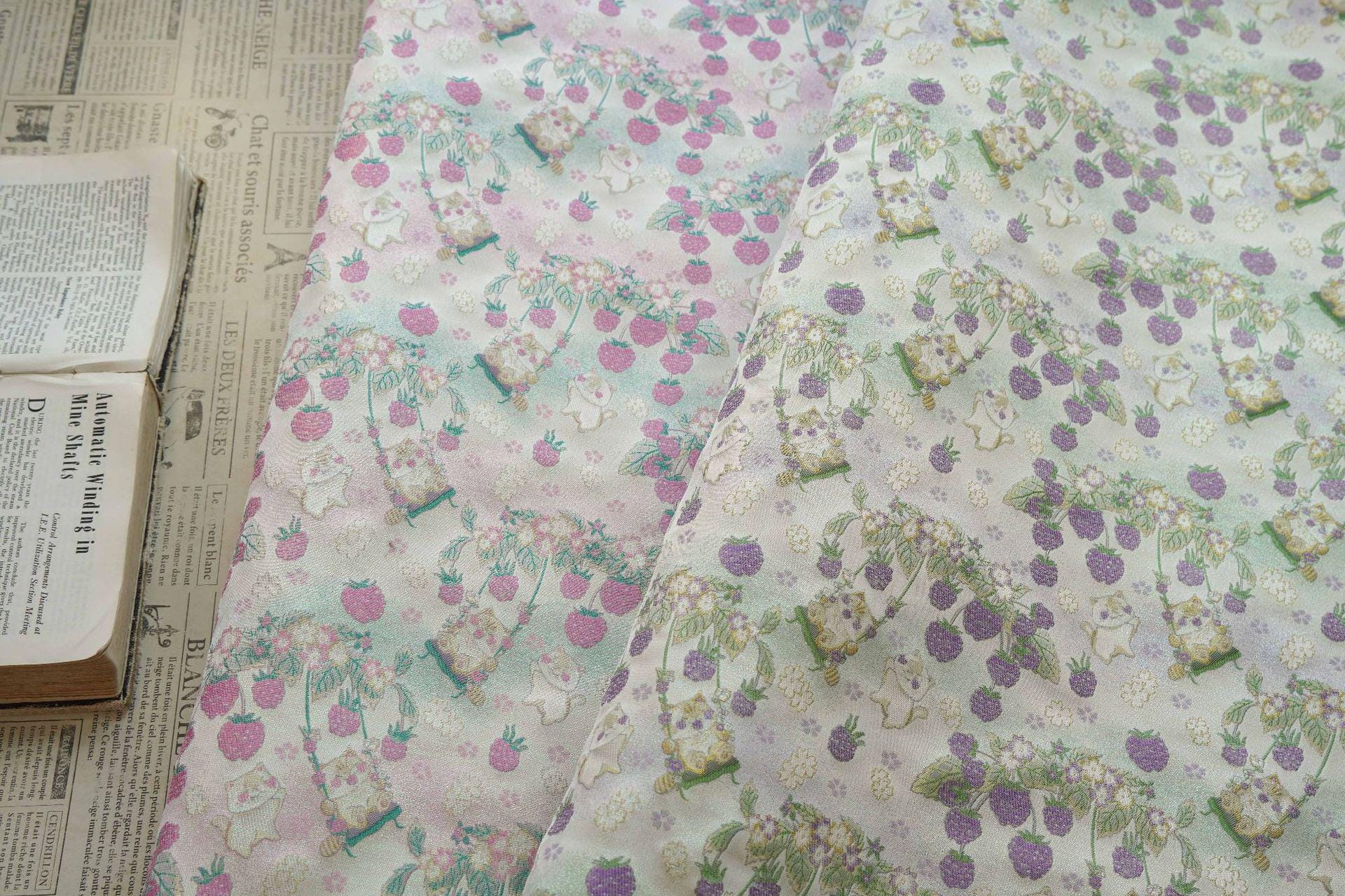 Pastoral Cat Jacquard Fabric, Raspberry Berry Floral Brocade with Metallic Thread, Cute Botanical Fabric for Dress, Qipao & Crafts, 64"Wide