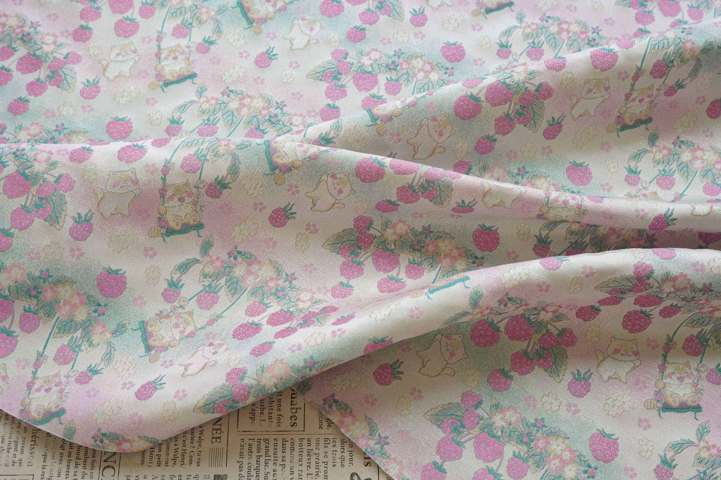 Pastoral Cat Jacquard Fabric, Raspberry Berry Floral Brocade with Metallic Thread, Cute Botanical Fabric for Dress, Qipao & Crafts, 64"Wide