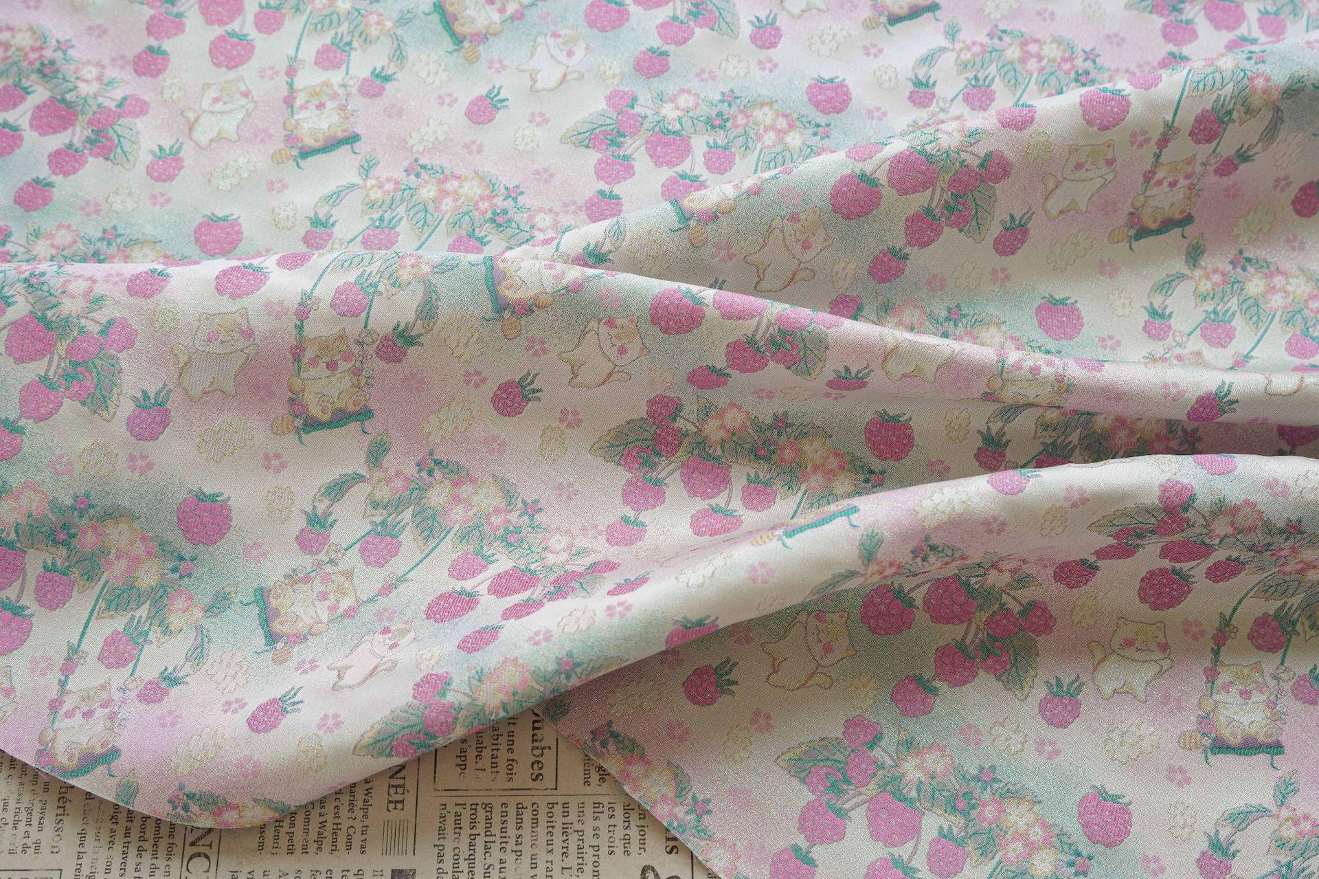 Pastoral Cat Jacquard Fabric, Raspberry Berry Floral Brocade with Metallic Thread, Cute Botanical Fabric for Dress, Qipao & Crafts, 64"Wide