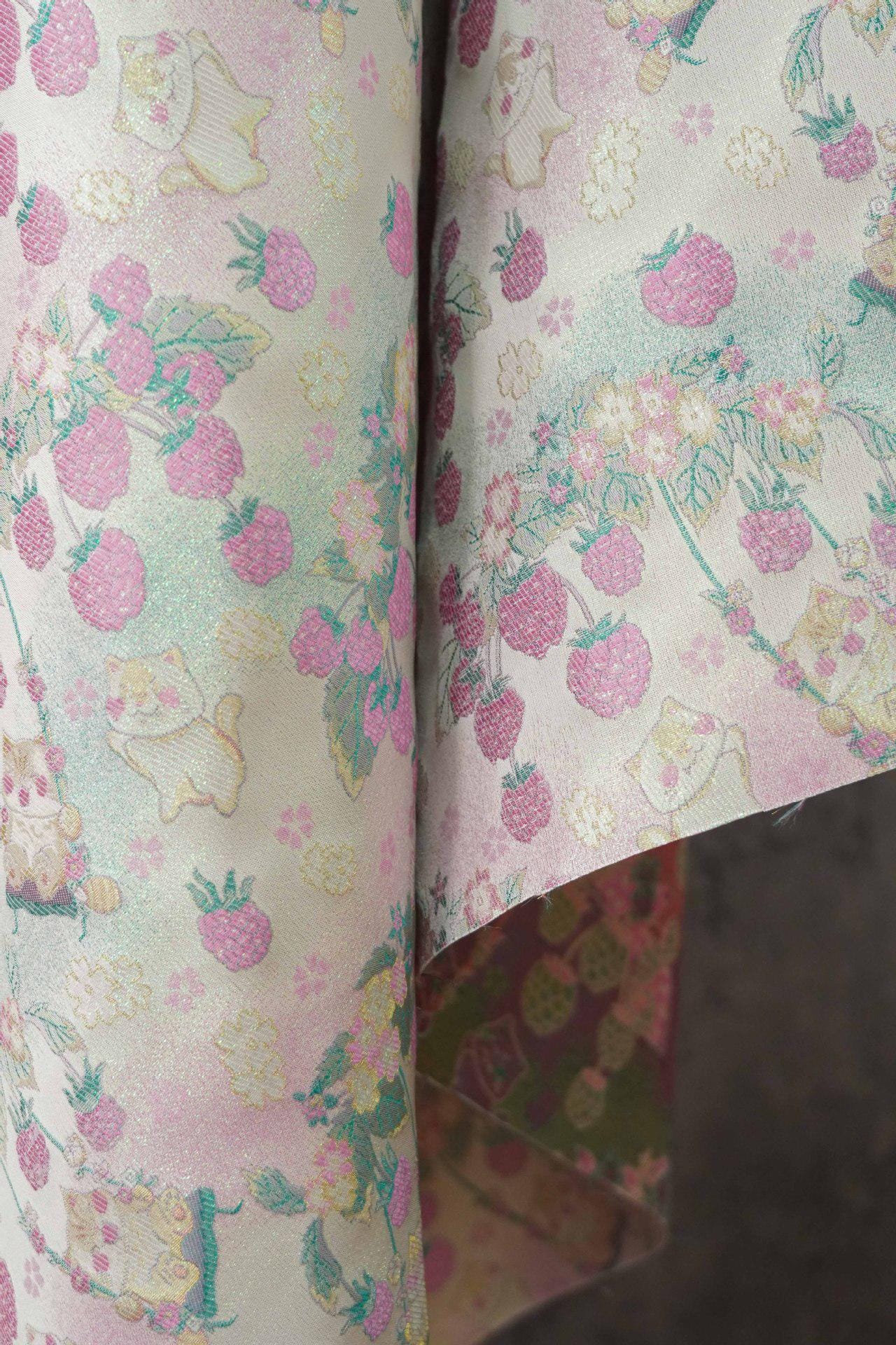 Pastoral Cat Jacquard Fabric, Raspberry Berry Floral Brocade with Metallic Thread, Cute Botanical Fabric for Dress, Qipao & Crafts, 64"Wide