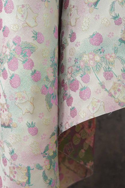 Pastoral Cat Jacquard Fabric, Raspberry Berry Floral Brocade with Metallic Thread, Cute Botanical Fabric for Dress, Qipao & Crafts, 64"Wide