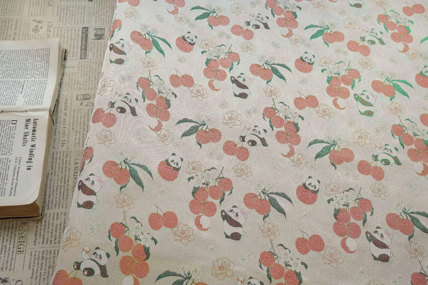 Panda Lychee Jacquard Brocade Fabric, Ivory Botanical Metallic Thread Chinese Style Fabric for Qipao, Dress and Crafts