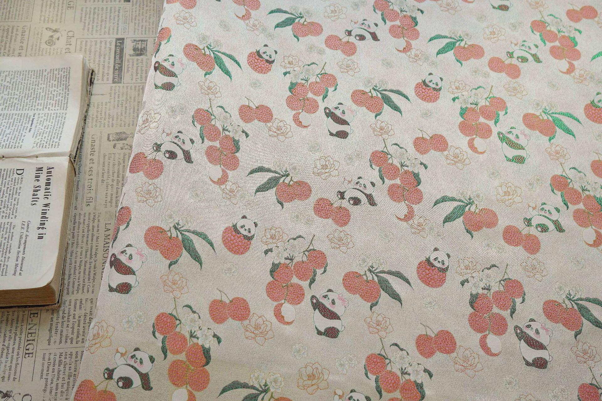 Panda Lychee Jacquard Brocade Fabric, Ivory Botanical Metallic Thread Chinese Style Fabric for Qipao, Dress and Crafts