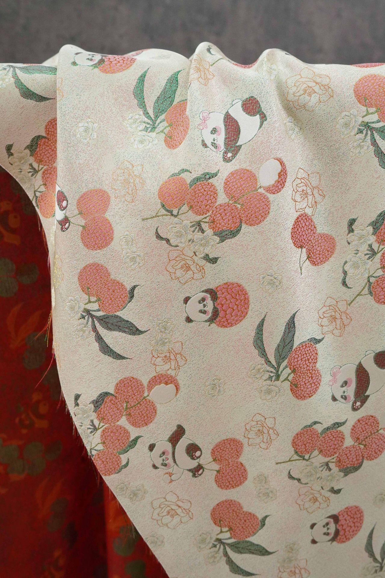 Panda Lychee Jacquard Brocade Fabric, Ivory Botanical Metallic Thread Chinese Style Fabric for Qipao, Dress and Crafts