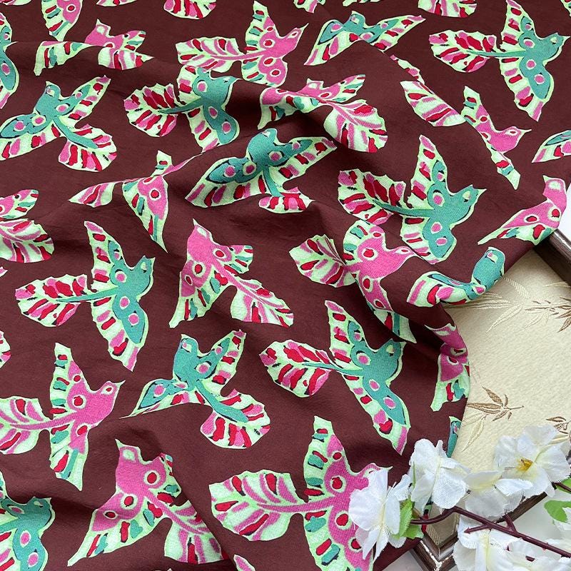 Folk Art Bird Print Cotton Fabric, Burgundy Green Pink Flying Bird Fabric for Dress, Shirt, Qipao, Crafts and Home Decor