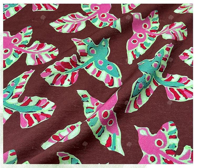 Folk Art Bird Print Cotton Fabric, Burgundy Green Pink Flying Bird Fabric for Dress, Shirt, Qipao, Crafts and Home Decor