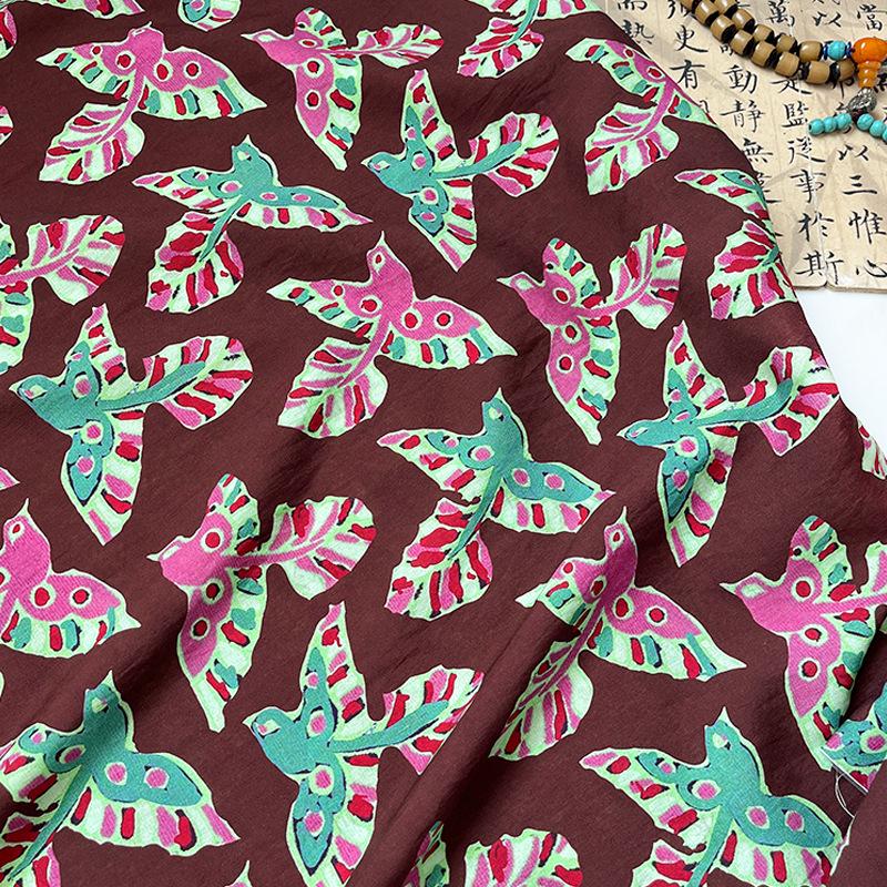 Folk Art Bird Print Cotton Fabric, Burgundy Green Pink Flying Bird Fabric for Dress, Shirt, Qipao, Crafts and Home Decor