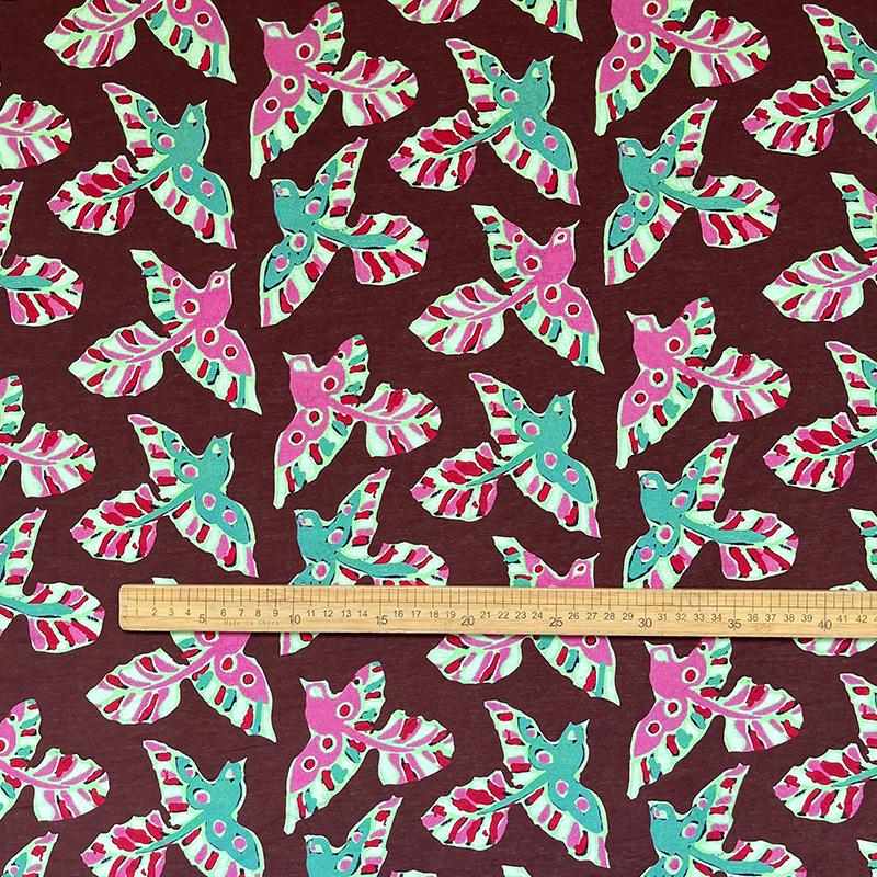 Folk Art Bird Print Cotton Fabric, Burgundy Green Pink Flying Bird Fabric for Dress, Shirt, Qipao, Crafts and Home Decor