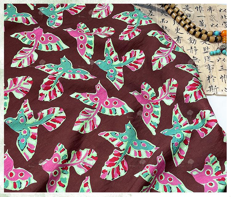 Folk Art Bird Print Cotton Fabric, Burgundy Green Pink Flying Bird Fabric for Dress, Shirt, Qipao, Crafts and Home Decor