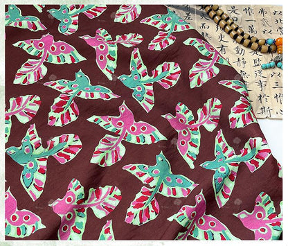 Folk Art Bird Print Cotton Fabric, Burgundy Green Pink Flying Bird Fabric for Dress, Shirt, Qipao, Crafts and Home Decor
