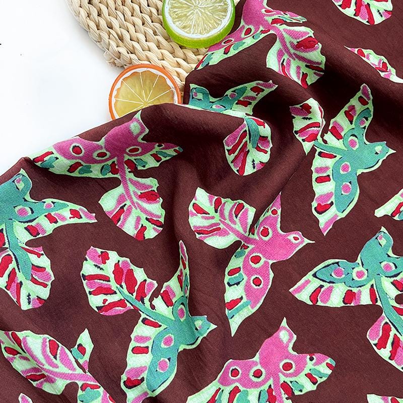 Folk Art Bird Print Cotton Fabric, Burgundy Green Pink Flying Bird Fabric for Dress, Shirt, Qipao, Crafts and Home Decor
