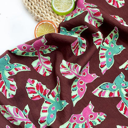 Folk Art Bird Print Cotton Fabric, Burgundy Green Pink Flying Bird Fabric for Dress, Shirt, Qipao, Crafts and Home Decor