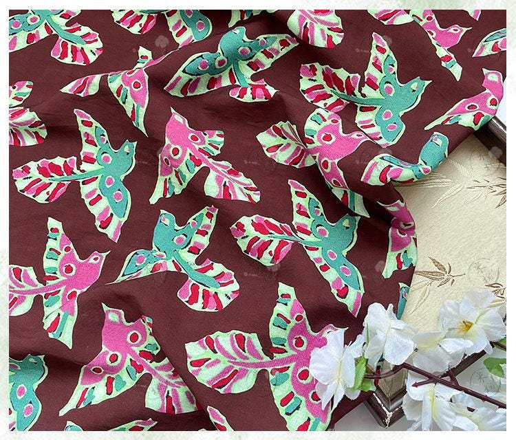 Folk Art Bird Print Cotton Fabric, Burgundy Green Pink Flying Bird Fabric for Dress, Shirt, Qipao, Crafts and Home Decor