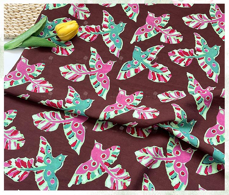 Folk Art Bird Print Cotton Fabric, Burgundy Green Pink Flying Bird Fabric for Dress, Shirt, Qipao, Crafts and Home Decor