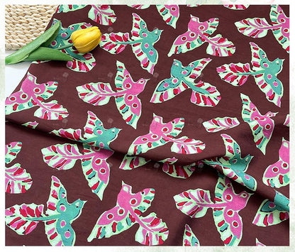 Folk Art Bird Print Cotton Fabric, Burgundy Green Pink Flying Bird Fabric for Dress, Shirt, Qipao, Crafts and Home Decor