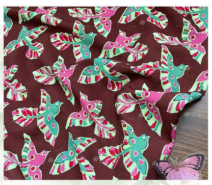 Folk Art Bird Print Cotton Fabric, Burgundy Green Pink Flying Bird Fabric for Dress, Shirt, Qipao, Crafts and Home Decor