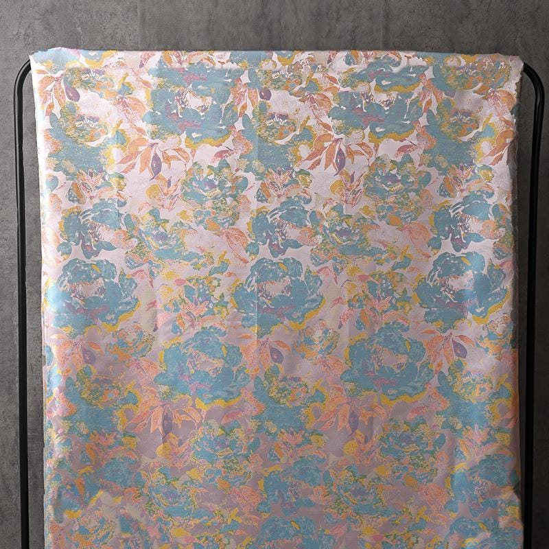 Dreamy Floral Dress Fabric, Pastel Blue Pink Gold Botanical Fabric for Evening Gown, Skirt, Costume, Fashion and Home Decor, 66"Wide