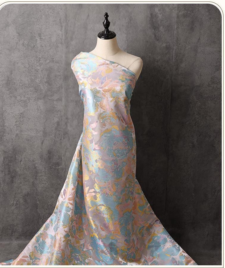 Dreamy Floral Dress Fabric, Pastel Blue Pink Gold Botanical Fabric for Evening Gown, Skirt, Costume, Fashion and Home Decor, 66"Wide