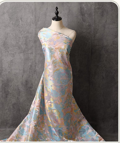 Dreamy Floral Dress Fabric, Pastel Blue Pink Gold Botanical Fabric for Evening Gown, Skirt, Costume, Fashion and Home Decor, 66"Wide