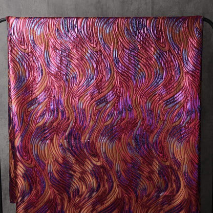 Multicolor Metallic Jacquard Fabric, Raised Wave Feather Pattern, Red Blue Gold Formal Dress, Jacket, Costume & Decor Fabric, 56"Wide