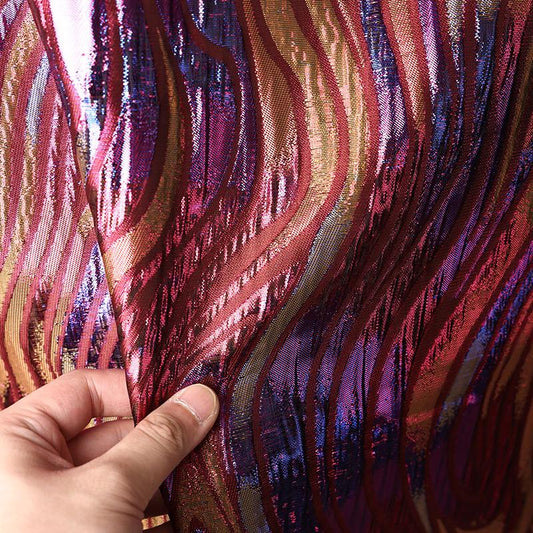 Multicolor Metallic Jacquard Fabric, Raised Wave Feather Pattern, Red Blue Gold Formal Dress, Jacket, Costume & Decor Fabric, 56"Wide