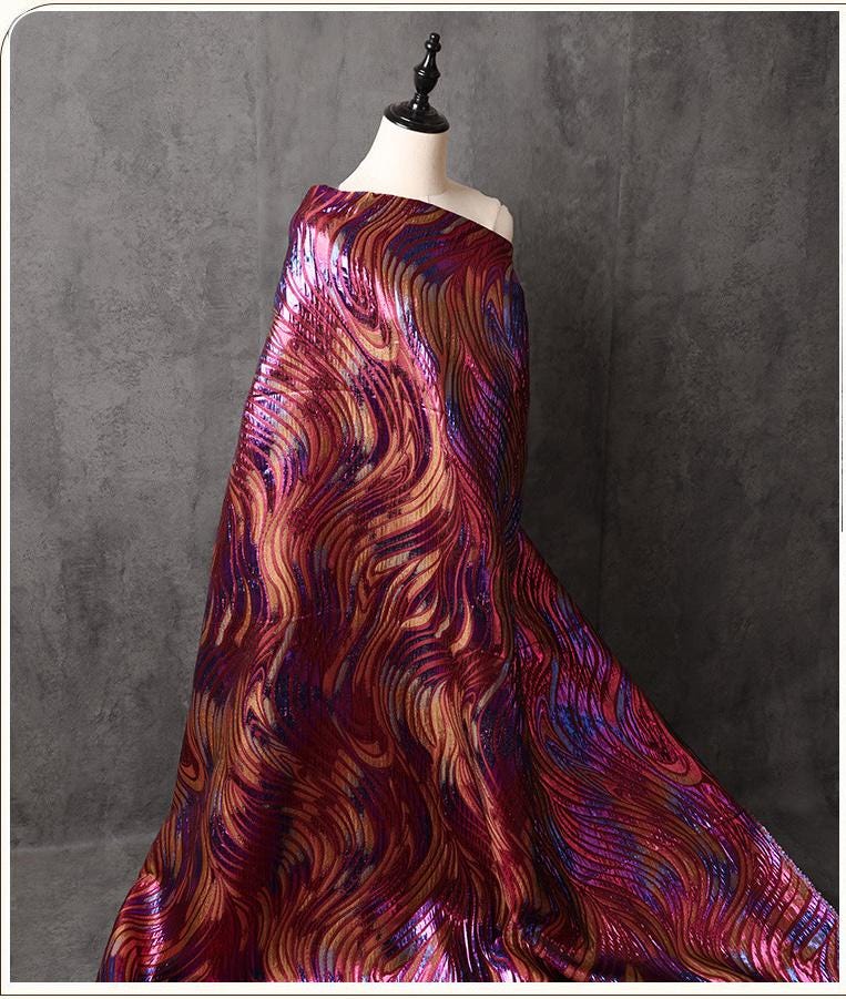 Multicolor Metallic Jacquard Fabric, Raised Wave Feather Pattern, Red Blue Gold Formal Dress, Jacket, Costume & Decor Fabric, 56"Wide