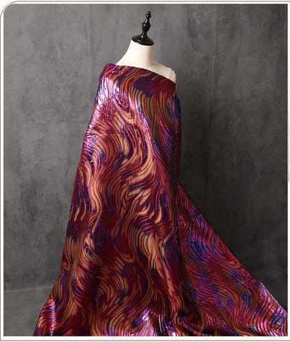 Multicolor Metallic Jacquard Fabric, Raised Wave Feather Pattern, Red Blue Gold Formal Dress, Jacket, Costume & Decor Fabric, 56"Wide